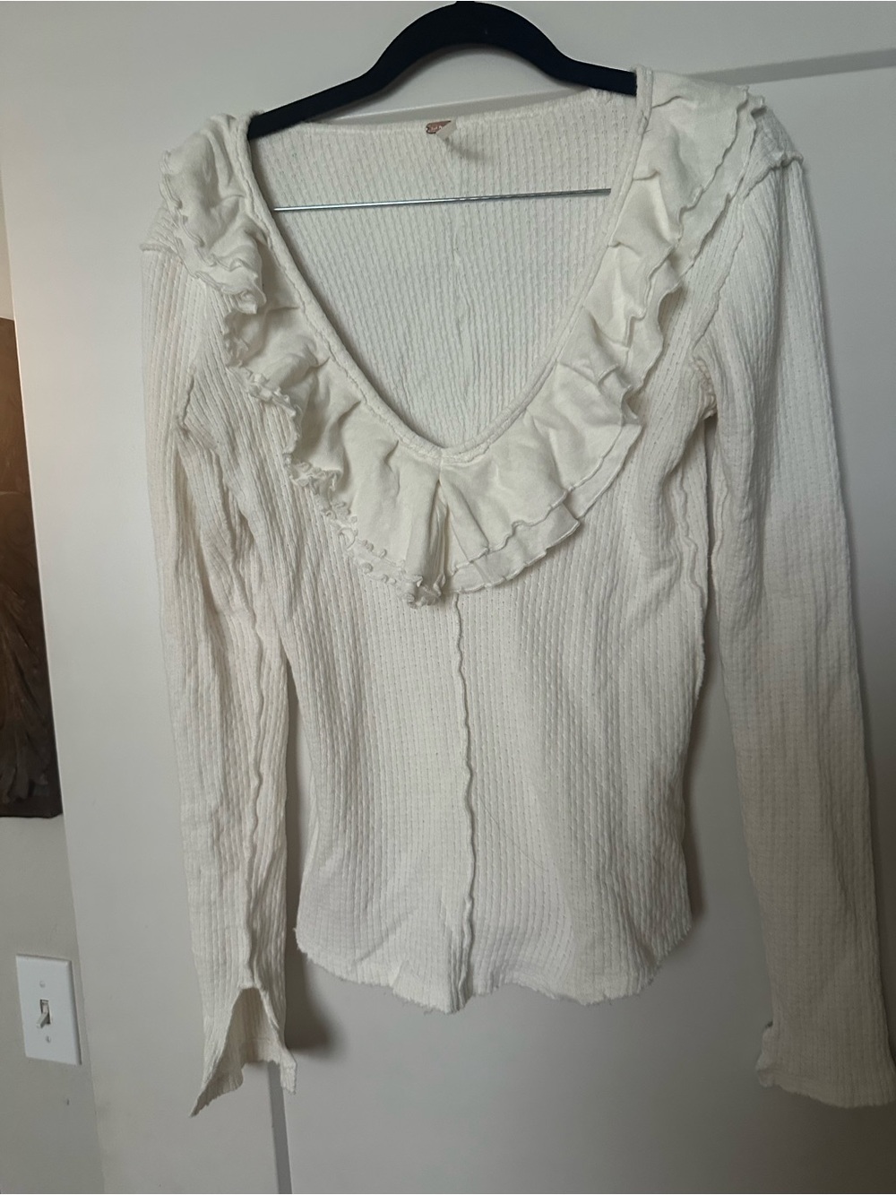 Free People Cream Ruffle V-Neck Long Sleeve Top